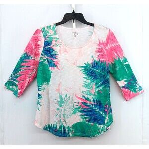 Coral Bay Shirt Women Large Pink Colorful Floral 3/4 Sleeve Round Neck Top